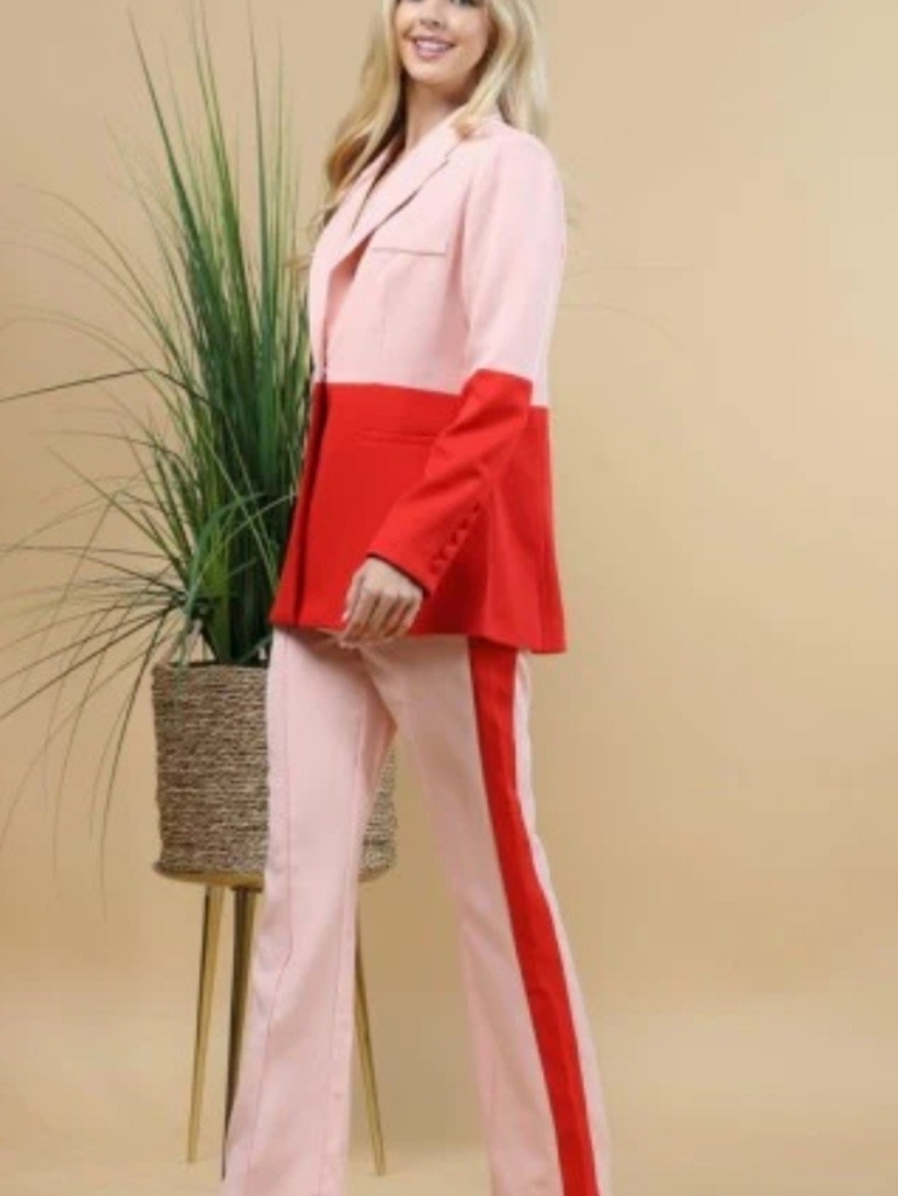 Colorblock Pink & Red Straight Leg Pants with Matching Blazer